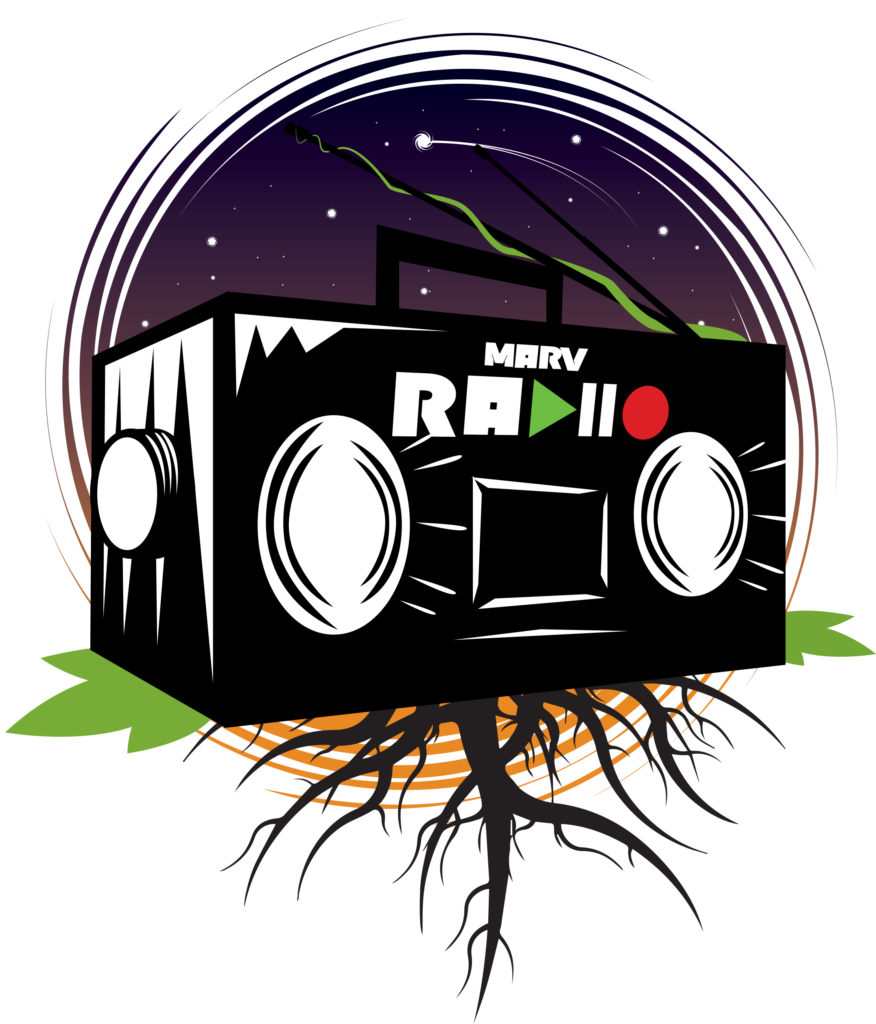 Marv Radio Text Logo Radio with roots and a sky above