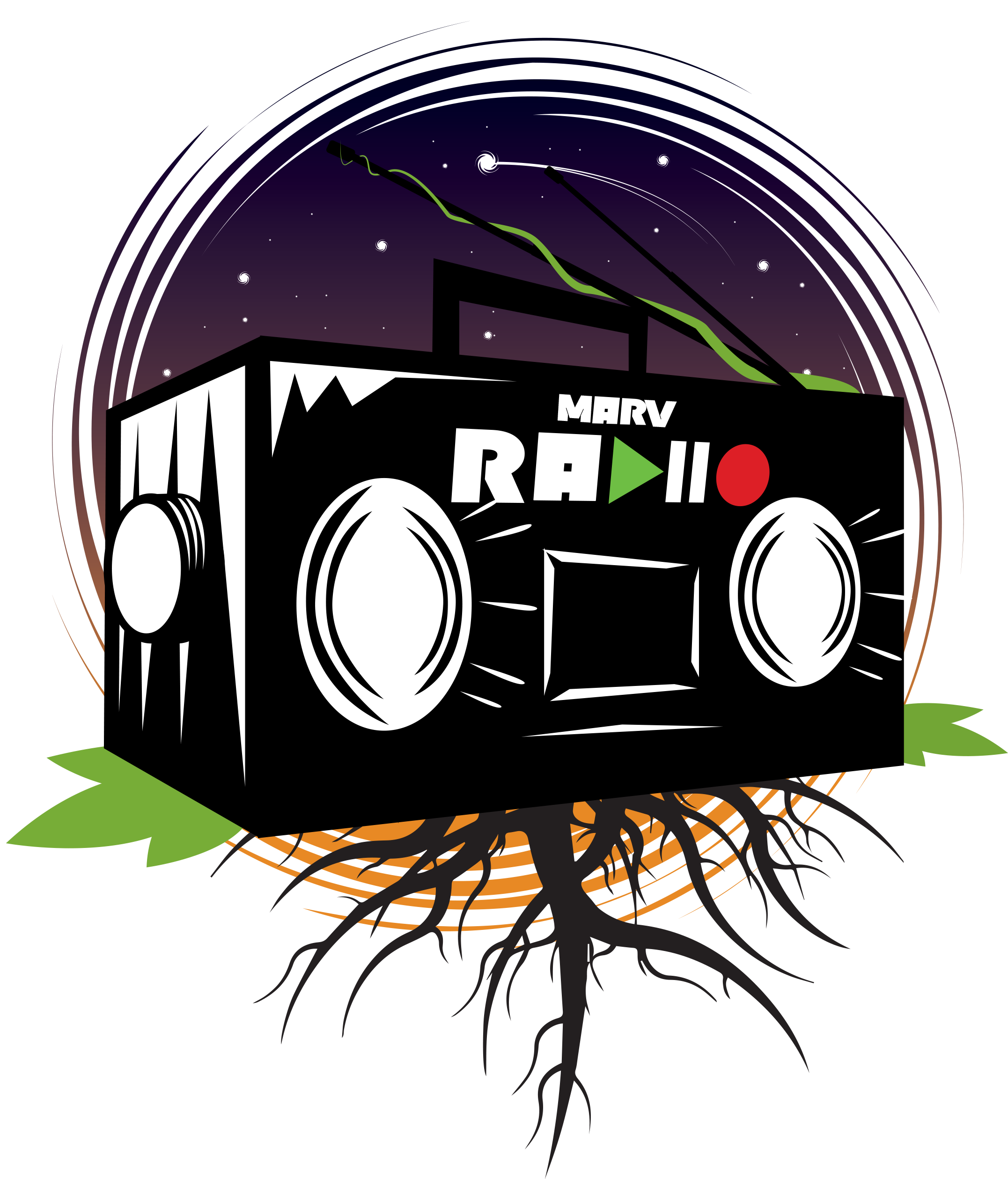 Marv Radio Text Logo Radio with roots and a sky above